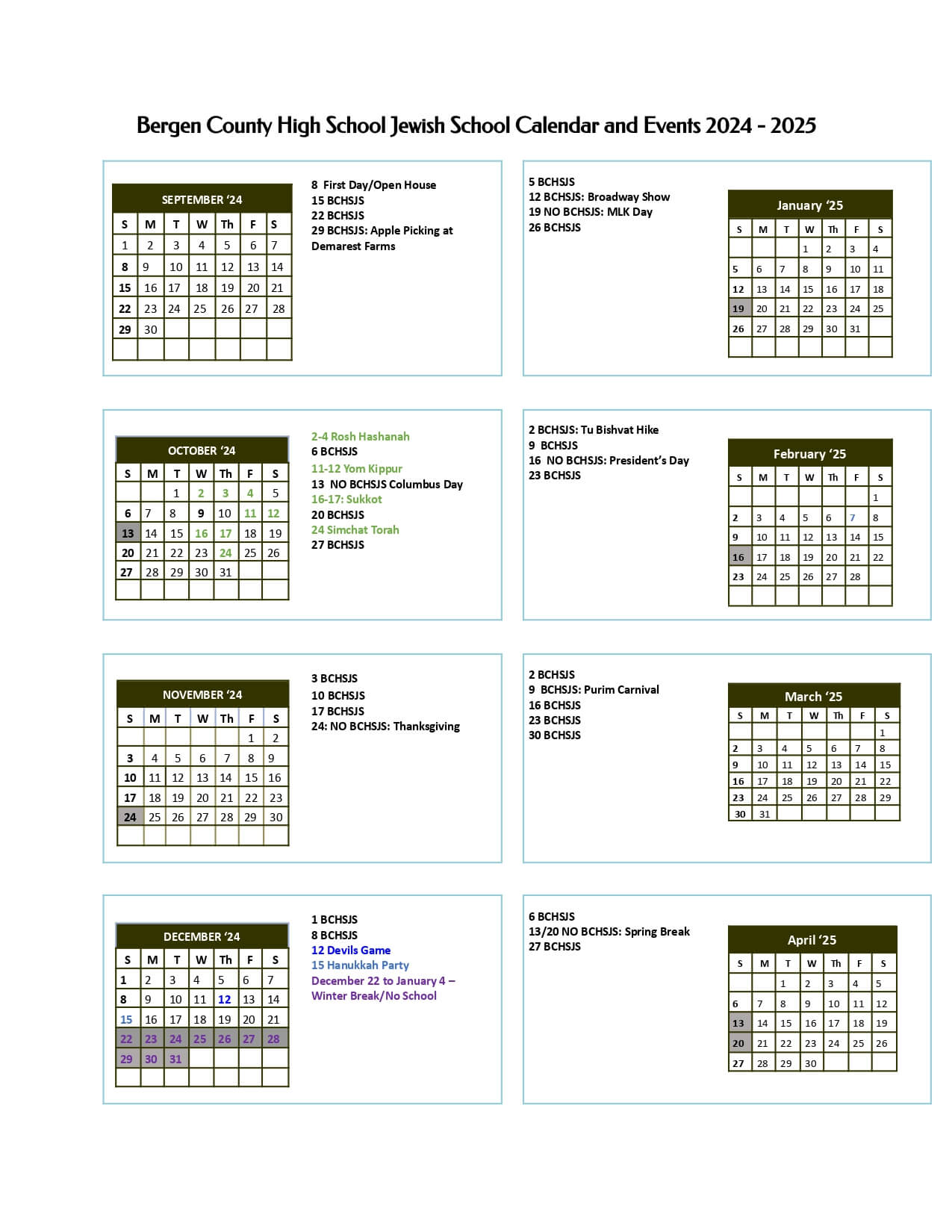 page 1 of BCHSJS 2024 - 2025 school year calendar